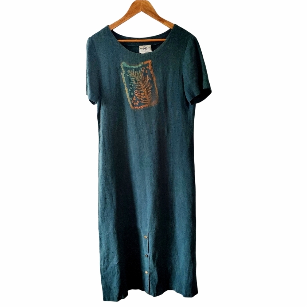 Studio Ease Vintage Linen Maxi Dress With Fall Leaf Stamp Lagon Look - Picture 2 of 7